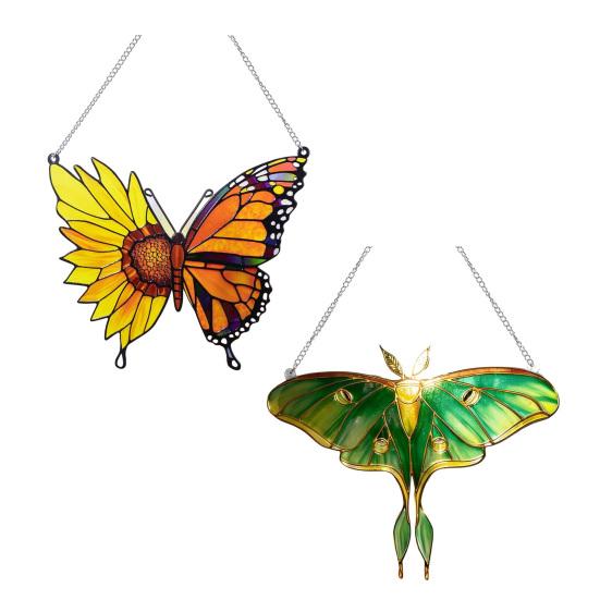 Bunter Sonnenfänger Buntglas-Effekt Schmetterling Sonnenblume/Grüne Motte Ornament Acryl Fensterhänger Dekoration für Wohnzimmer Schlafzimmer Garten Balkon
