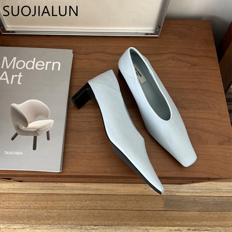 Fashion SUOJIALUN Autumn Women Pumps Shoes Fashion Shallow Slip On Ladies Eelgant Single Shoes Square High Heel Outdoor Dress Pumps