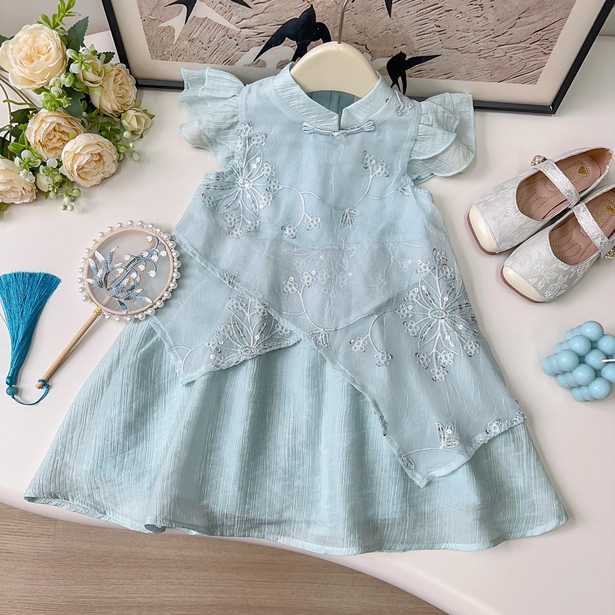 Girls Summer New Chinese Embroidered Heavy Craft Cheongsam Dress Elegant Fairy Baby Girl Party Dress 90cm