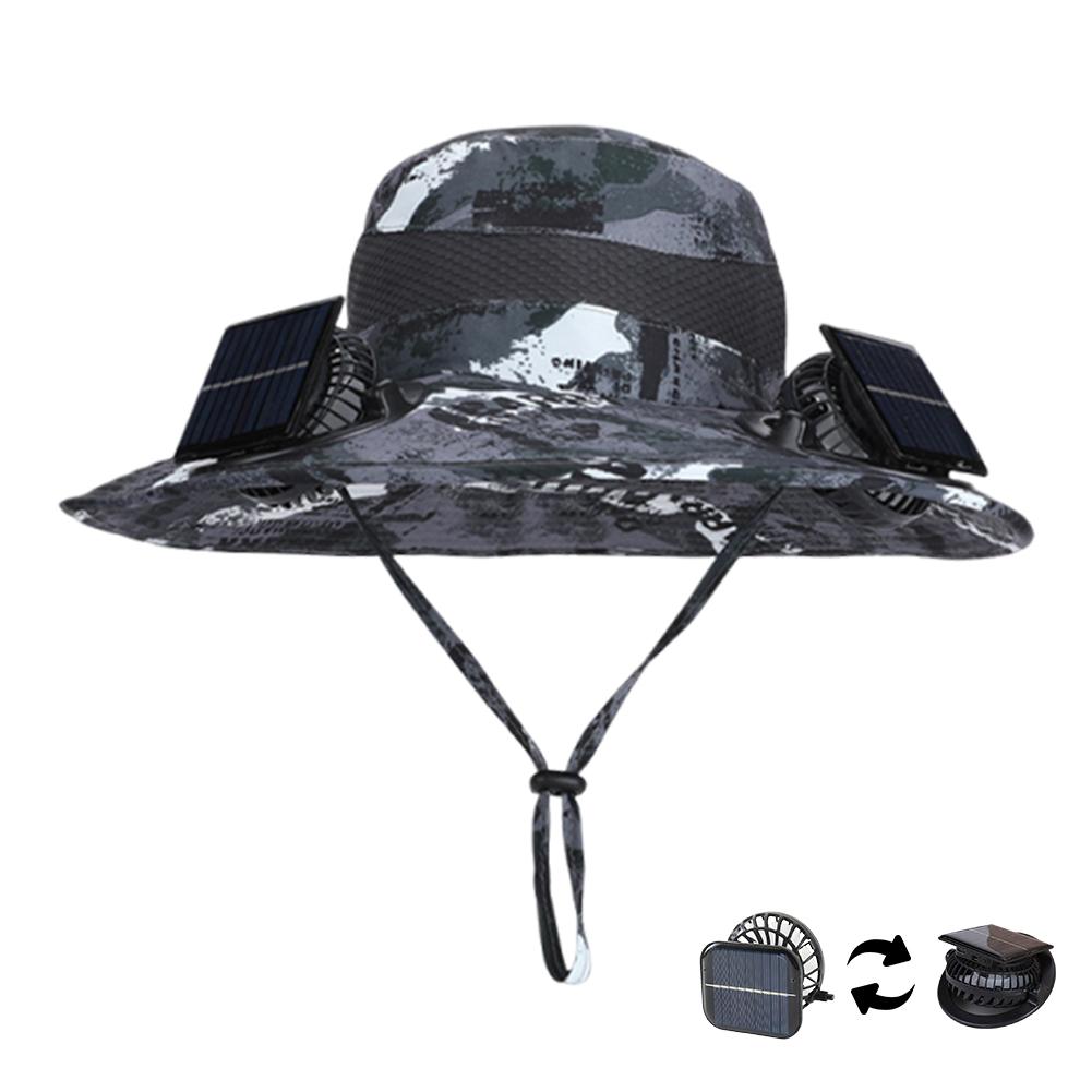 Outdoor Wide Brim Sun Hat with Solar/Charging Fan Outdoor Drawstring Fishing Hat Waterproof for Outdoor Riding Hiking Fishing