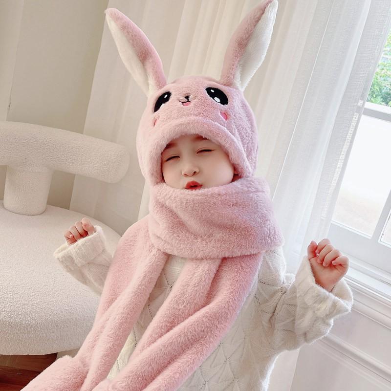 Warm Knitted Rabbit Ear Hat With Scarf Kids Women Winter Outdoor Wear Soft Fleece Lined Adjustable Hooded Beanie