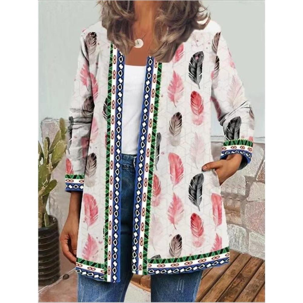 GMXIA Herbst Winter Vintage Ethnischer Stil Druck Übergröße Jacke Strickjacke Damenbekleidung