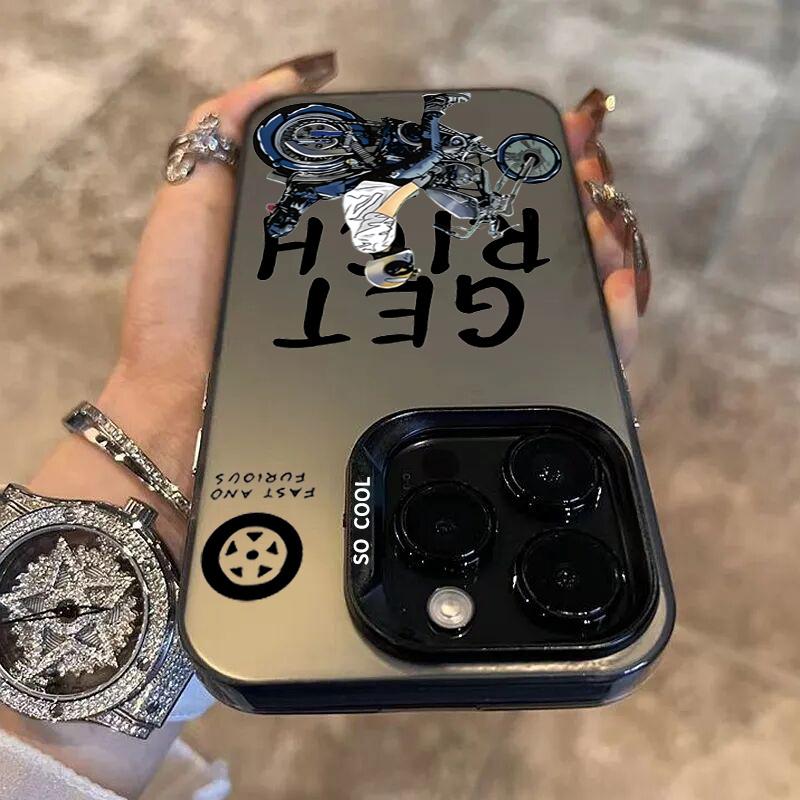 Case For iPhone 14 Motorcycle Pattern Laser Phone Case For iPhone 15 13 12 11 Pro Max X XR XS 7 8 Plus Plating Matte Back Cover
