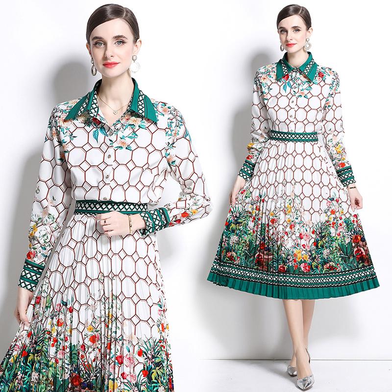 

Весна-лето Дизайнерский принт Подиумный комплект из 2 предметов Женская рубашка с лацканами Топы и плиссированная юбка Офисные наряды для вечеринок 2XL темно-зеленого