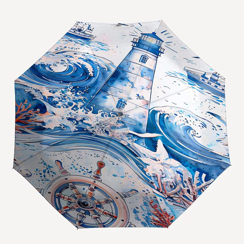 1pc Ocean Lighthouse Navigation Umbrella with Plastic Handle, Suitable for All Seasons Outdoor PT422