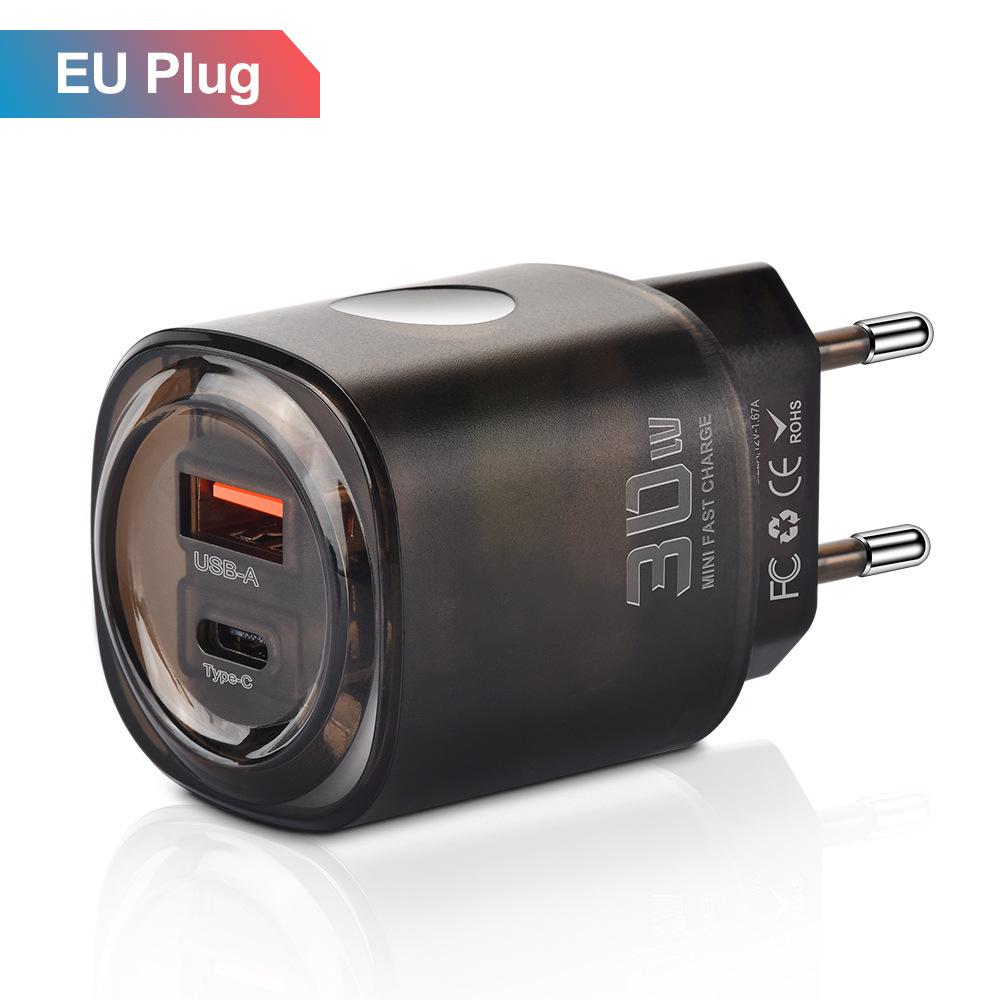 30W Dual Port USB & Type-C Fast Charger for US/EU - Mobile Phone PD Travel Charger
