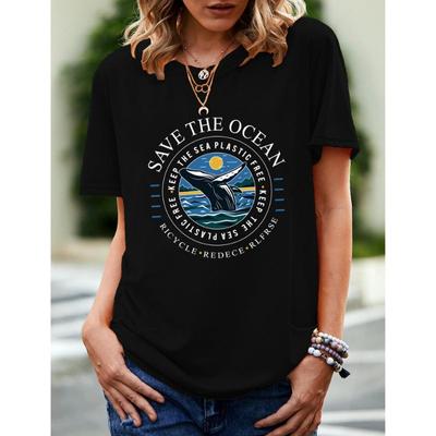 Spring Summer Whale Swimming Letter Pattern Printed Loose Fitting Cotton Short Sleeved Round Neck T-Shirts Women’s