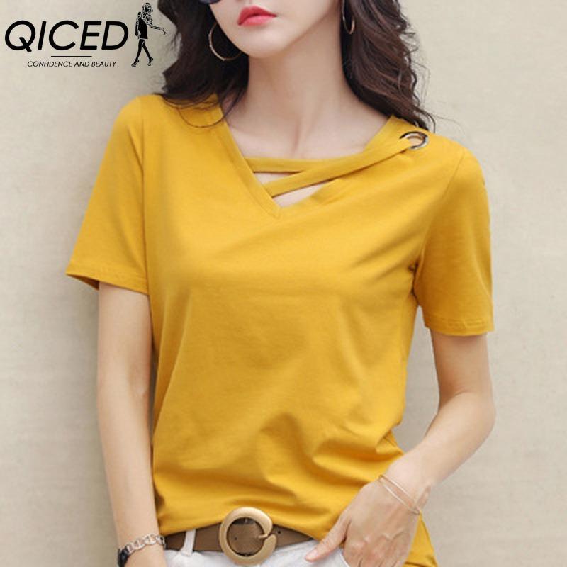 QICED Women's Fashion Casual Solid Color Print Short Sleeve V Neck Blouses & Shirts