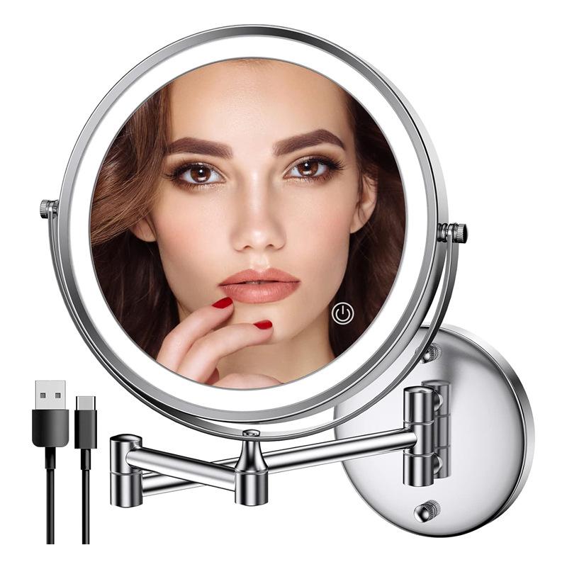 8" Wall-Mounted Folding LED Vanity Mirror - Double-Sided, Lighted, Magnifying for Bathroom Makeup