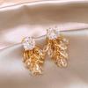 Round zircon wheat ear leaf fringed earrings temperament high sense fashion light luxury stud earrings versatile earrings women
