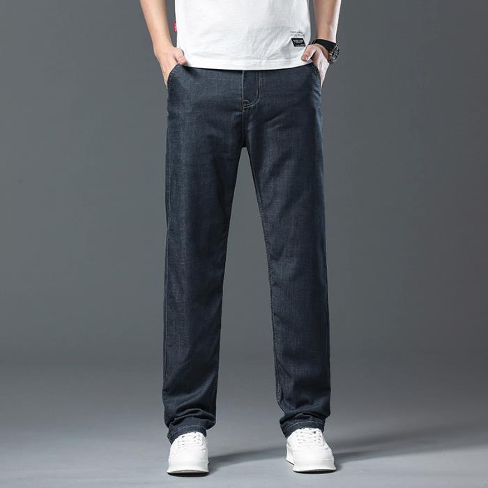 

Men s Summer Casual Tencel Cotton Jeans: Straight Leg, Loose Fit, Elastic Mid-High Waist, Thin 33