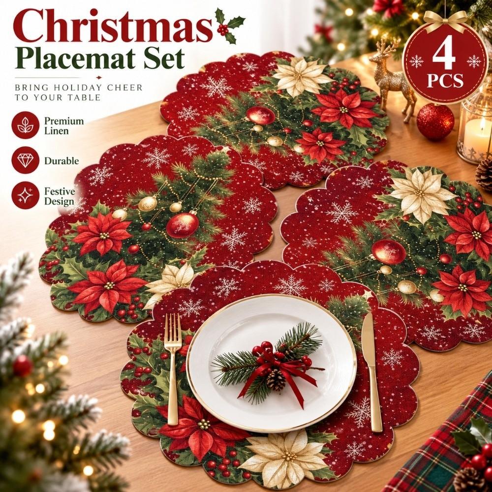 4Pcs Heat Resistant Linen Placemat Anti-slip Snowflake Placemat Christmas Round Placemat Party