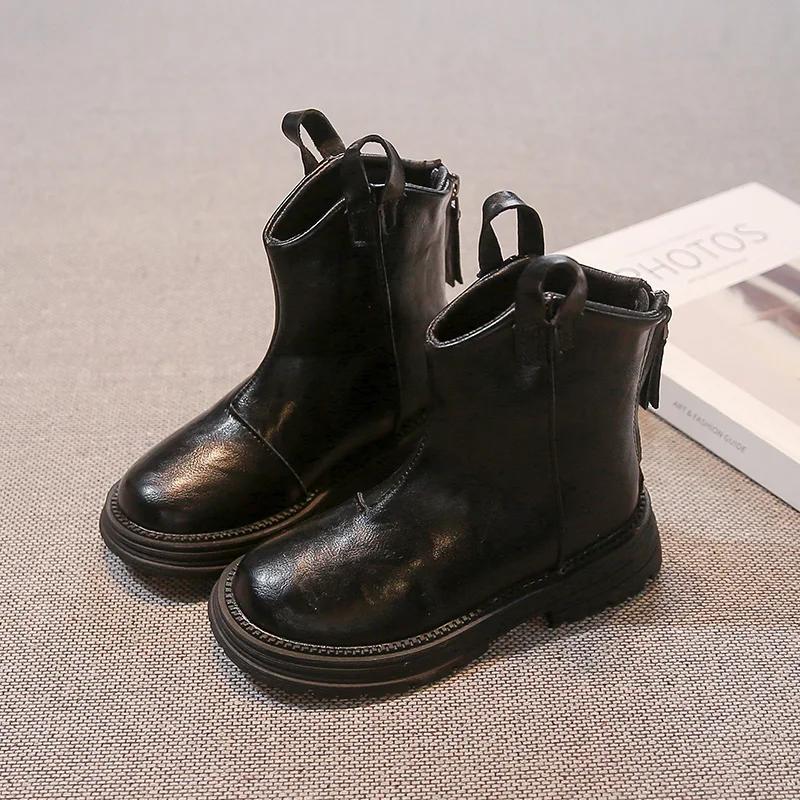 New Children Leather Boots Spring Autumn Girls Ankle Boots Thick Bottom Non-slip Kids Causal Fashion Boots Round-toe Versatile