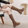 Mode 10CM Mikrofaser Synthetikleder Kniehoch Herbst Motorradstiefel Plateau Keil Damen Schnalle Punk Style Stiefel Frühjahr Schuhe