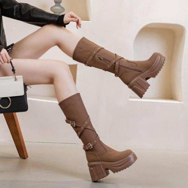 Mode 10CM Mikrofaser Synthetikleder Kniehoch Herbst Motorradstiefel Plateau Keil Damen Schnalle Punk Style Stiefel Frühjahr Schuhe