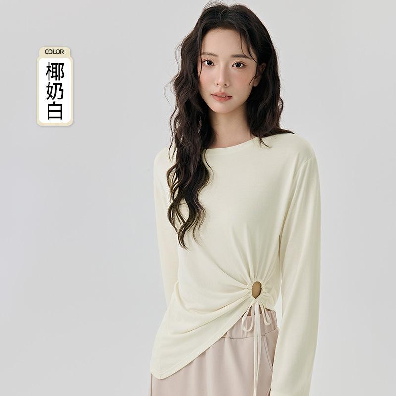 Modal yoga clothes blouse side hollow drawstring loose breathable Pilates women s long-sleeved sports blouse S