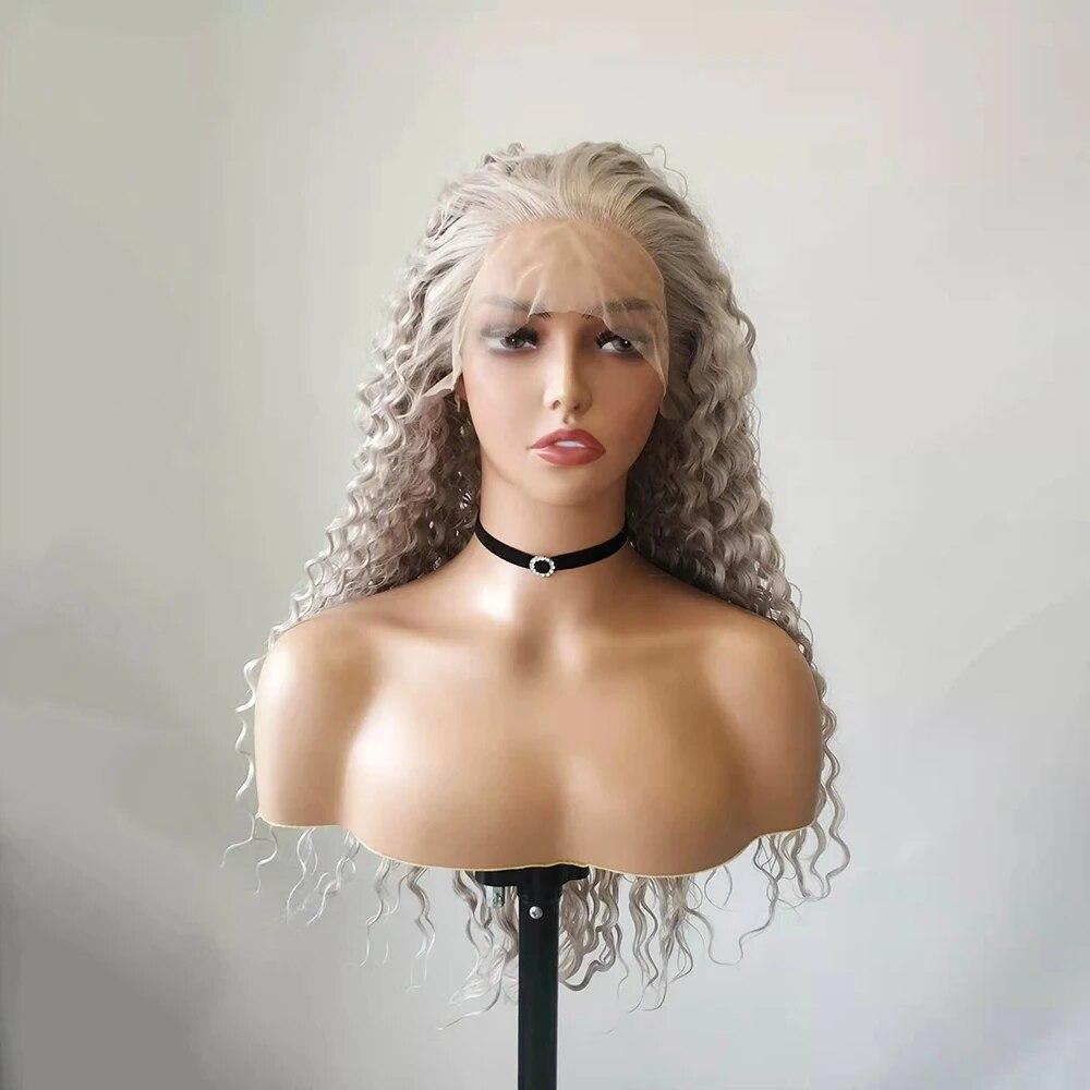 Graue lange verworrene Locken-Synthetik-Perücke, tiefe Locken, gewellt, Wärmefaser, natürlicher Haaransatz, Lace-Front-Perücken, tägliches Make-up, Haare verwenden