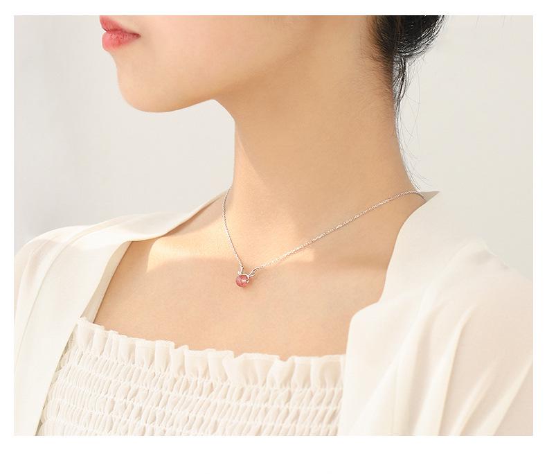 S925 Sterling Silver Antler & Strawberry Crystal Necklace for Women - Fresh, Cute, Simple Clavicle Chain