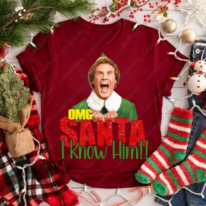 Elf Movie 90s Christmas Retro Unisex Adult Cotton Tshirts OMG Santa I Know Him Print Funny Festival Graphic Oneck Printed Tops