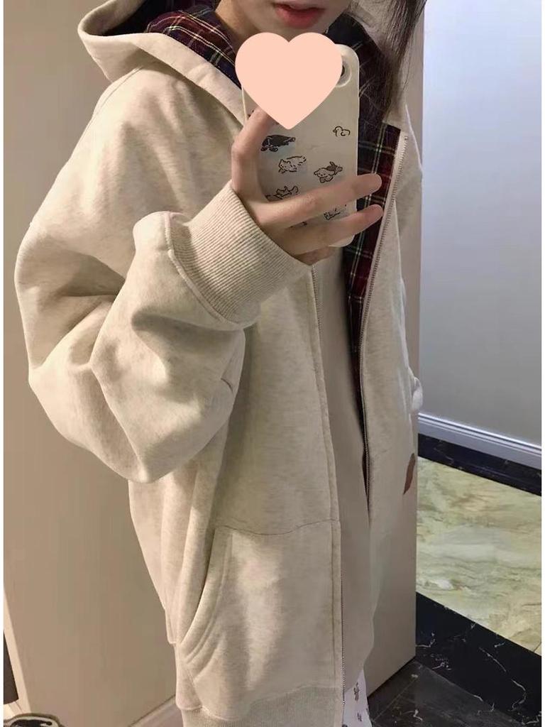 Women's Retro Plaid Patchwork Hooded Fleece Cardigan Jacket