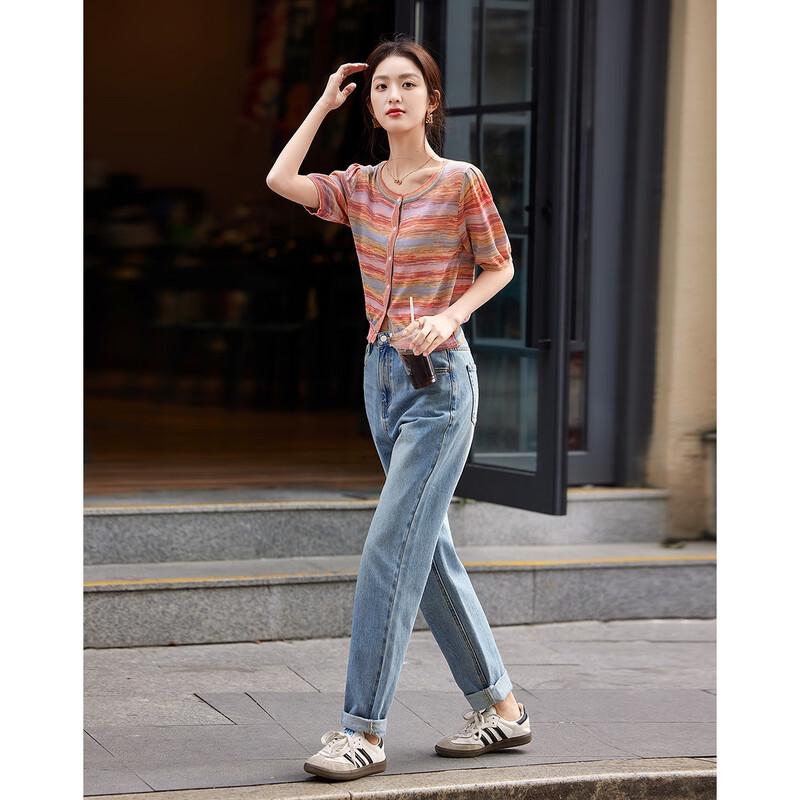 Demana Artistic Gradient Ribbed Knit Short Sleeve Cardigan