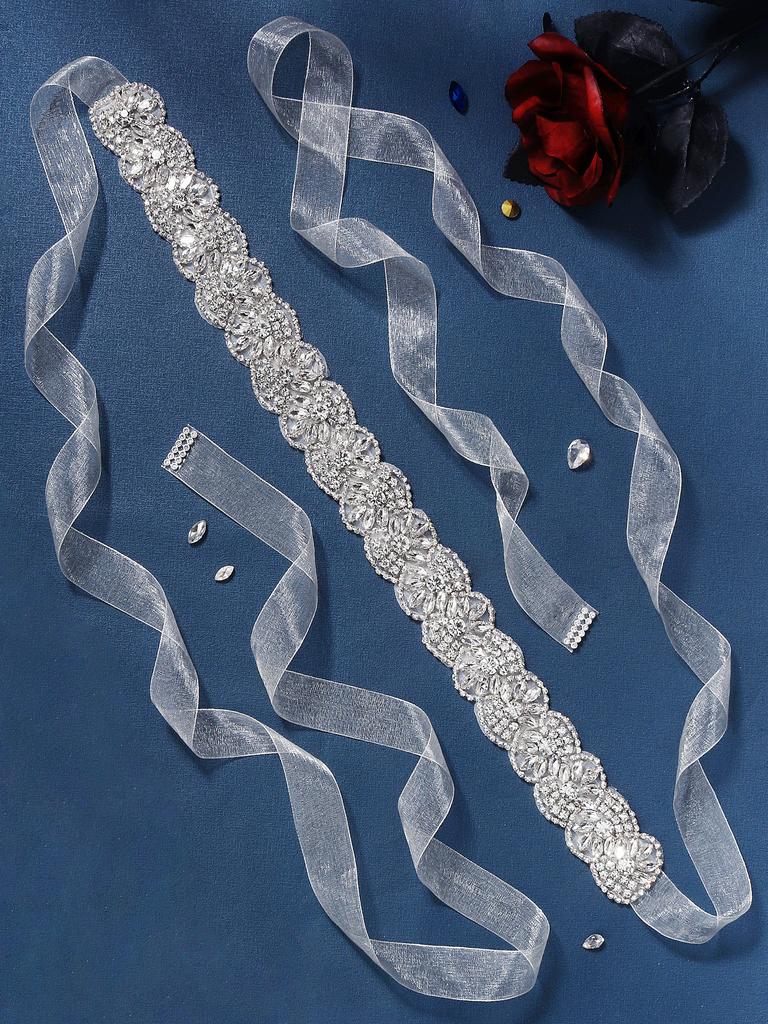 Rhinestone Brudebelte for Bryllupskjole Tilbehør Sølvfarge Krystall Brudebelte Sløyfe Bånd Selskap Brudepike Gave