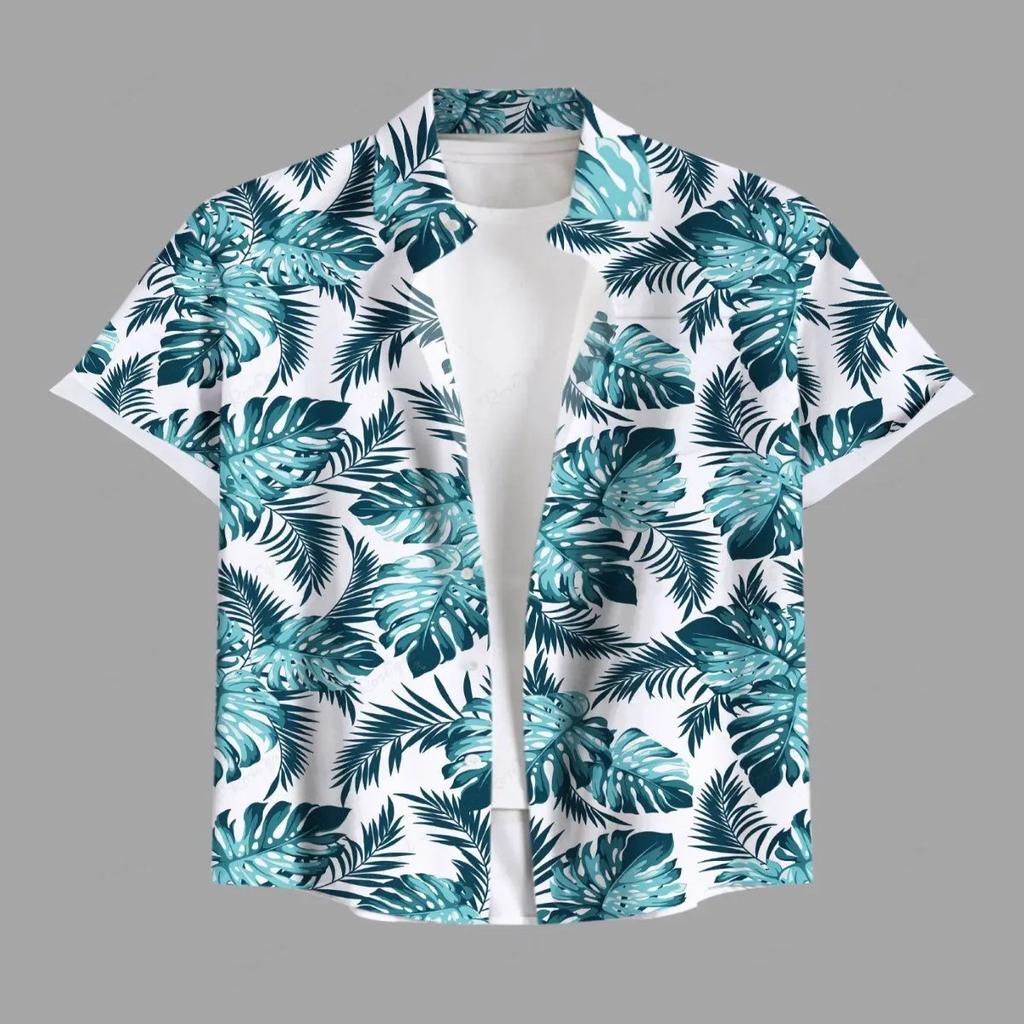 Vacation Style Coconut Tree Printed Short Sleeve Shirt, Loose Lapel Fake Two-Piece Design, Casual Breathable Outfit for Daily Wear and Beach Trips