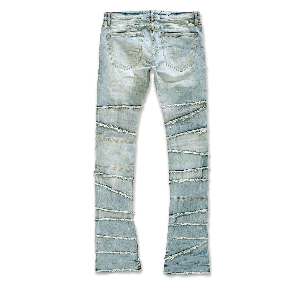 DRIPX New Stacked Jeans Men Patchworks Spliced Denim Ripped Wash Frayed Pants Male's Streetwear Men‘s Tassel Motorcycle Jeans