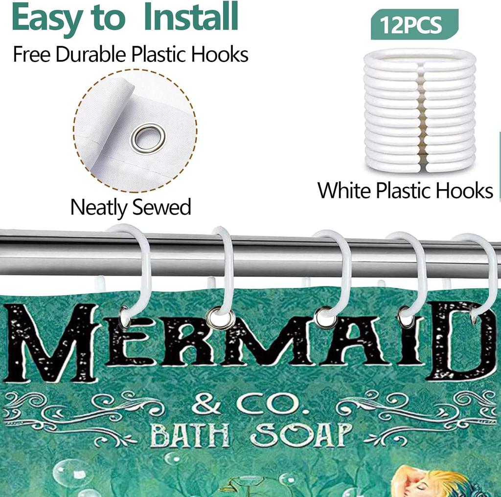 Blue Mermaid Ocean Shower Curtain - 60Wx72L Inch, Green, Wash Your Tail Funny Bathtub Bubble Waterproof Polyester Fabric, 12 Pla