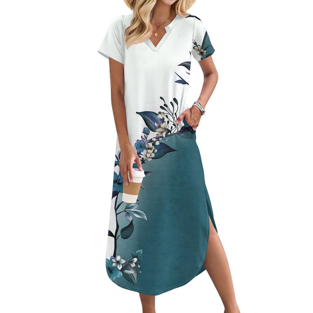 Dámská dlouhá sukně pro volný čas Dlouhé košilové šaty s výstřihem do V Volný rozpark Sváteční šaty s krátkým rukávem