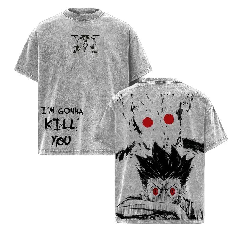 GON FREECSS Hunter x Hunter Anime Clothing Men Women Oversized T-shirts Washed T Shirt Vintage Cotton Tshirt Harajuku Male Tops XXL серый 1590₽