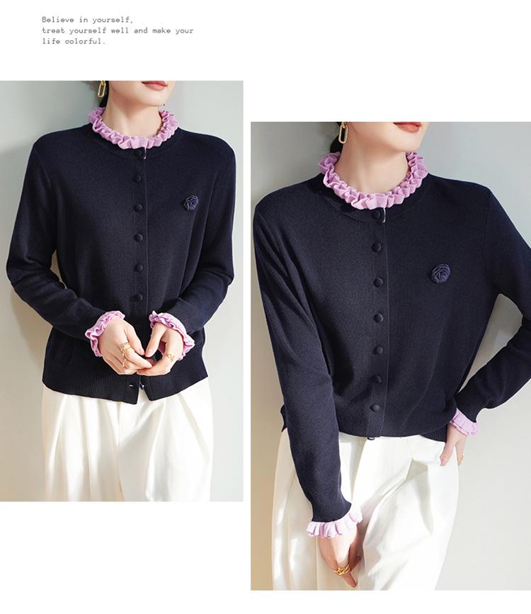 Damen-Cardigan aus gerippter Merinowolle mit Muschelkanten und Rosenstickerei Herbst/Winter 2025