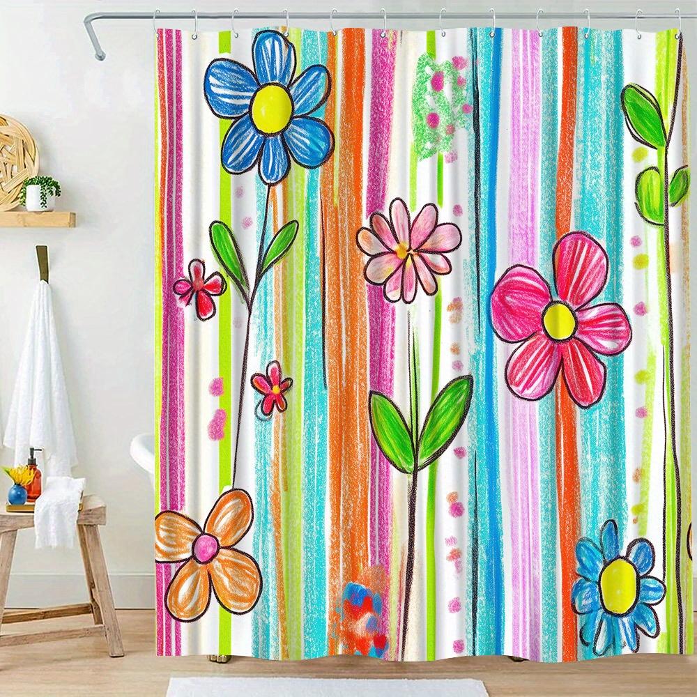 

1Pc Whimsical Floral Shower Curtain - Vibrant Blue, Pink, Red, Orange Flowers, Book Style Design, Polyester, 70X70In, 12 Hooks W60H190(CM)-1 Pcs