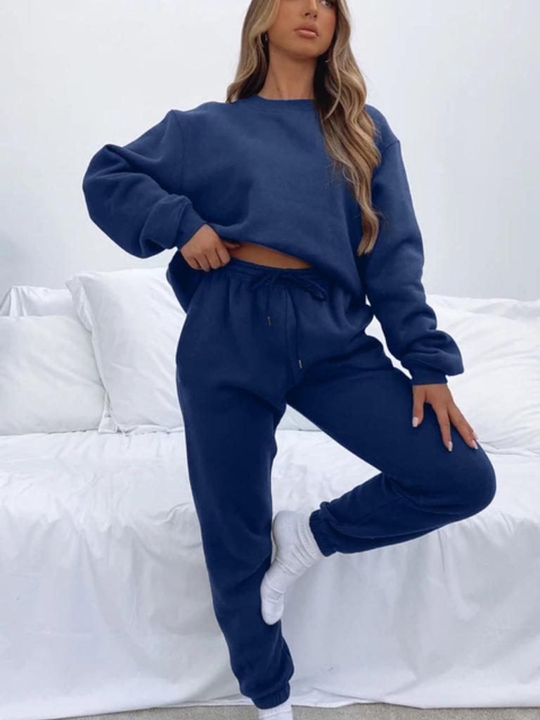 Spring/Autumn Solid Color Crew Neck Pullover Long Pants Women's Fashion Casual Long Sleeve Hoodie Set