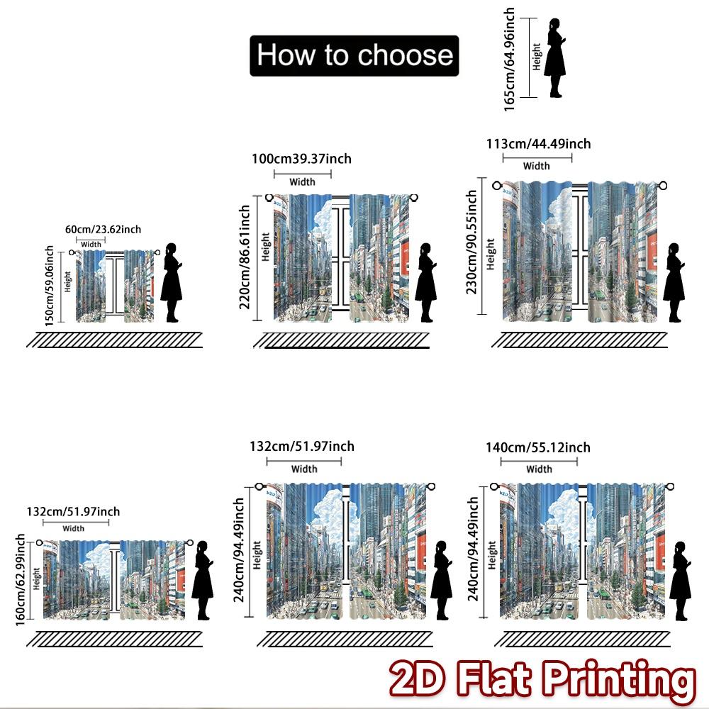 2D flat printing 2pcs Curtains Anime City Street Scene People Traffic Digital Printed Polyester Drapes Birthday Party Perfect