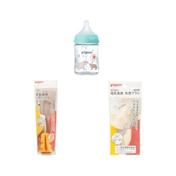 [Set purchase] Pigeon Bear 160ml 0 months~ Heat-resistant glass light blue + Breast milk feeling sponge brush + Breast milk feeling nipple brush