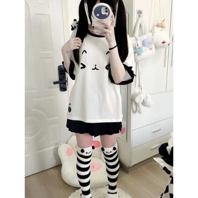 Kawaii Sweet Patchwork T-shirts Women Japanese Fashion Y2k Harajuku Cute Cat Cartoon Print Loose Tees Tops Soft Gril