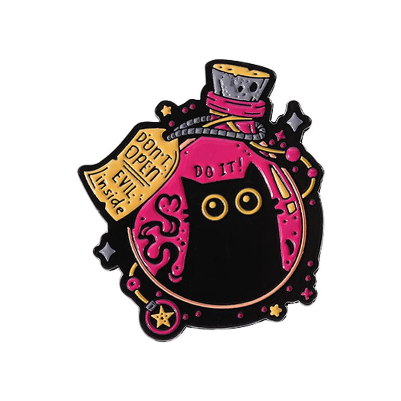 

Cartoon Witch Black Cat Elf Enamel Pin Don t Open Evil Inside Big Eyes Kitten Brooch Lapel Badge Funny Jewelry Gift for Friends