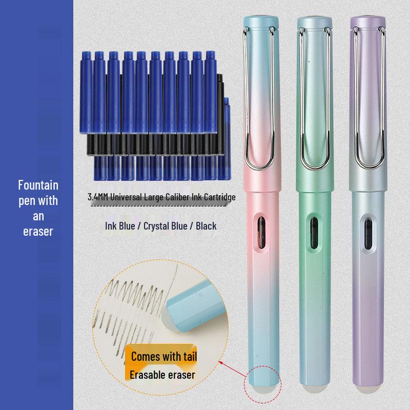 Blue Erasable Fountain Pen for Students with Refillable Heat-Erase Ink and Eraser, Ideal for Writing Practice