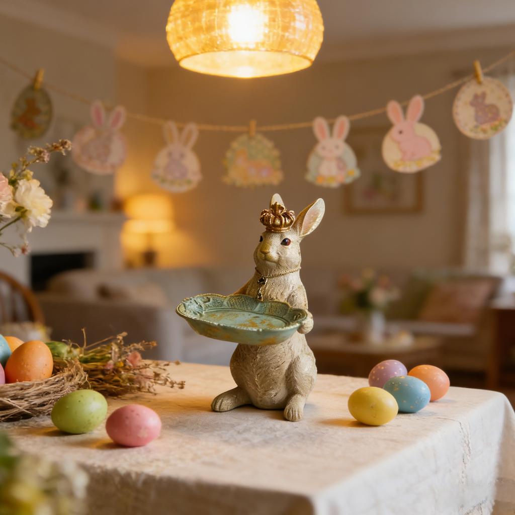 Decorative Rabbit Jewelry Dish with Ornate Tray and Crown Accent for Holding Small Items and Accessories
