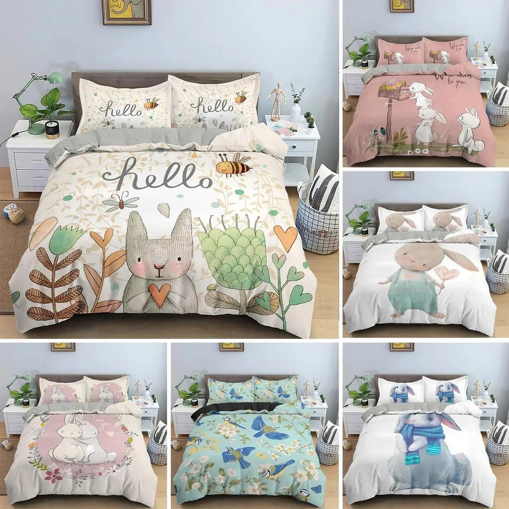 Cartoon Animal Rabbit Duvet Cover Bedding Set Printed Quilt Cover Bedroom King Queen Full Polyester Bedclothes Home Decor Size