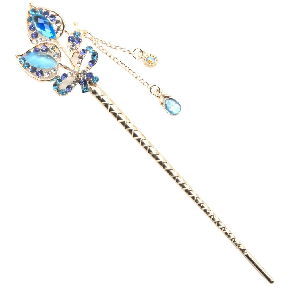 Miaomyao Single Hair Ornament for Kimono and Tulip Flower and Ribbon Pink Gold Hairpin, Tomesode, Metal, Pair, Couples, Motif, (Blue)