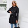Autumn Women Breasted Solid Color Lapel Collar Hooded Long Sleeve Loose Jacket Wind Coat
