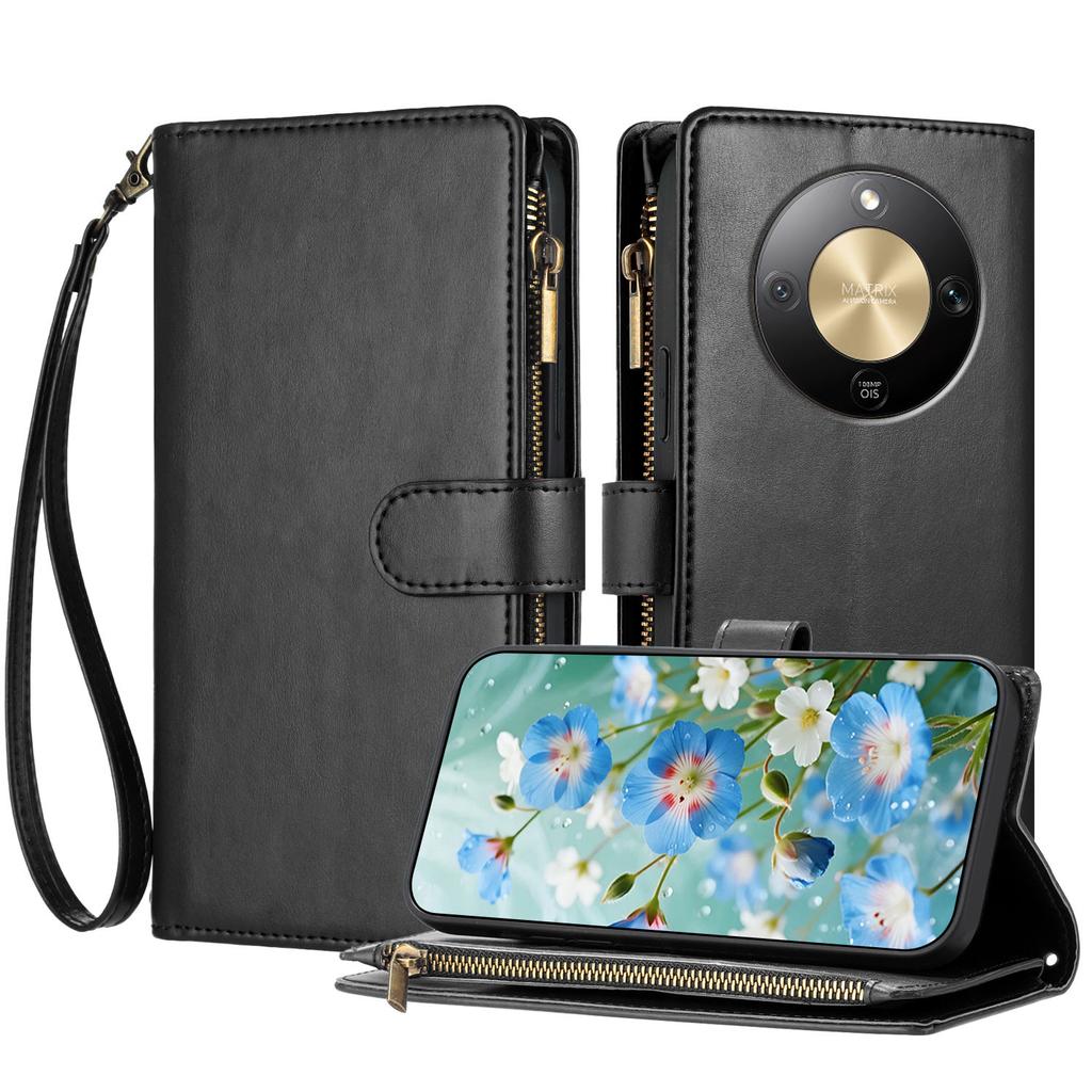 For Honor Magic8 Lite 5G/X9d 5G/X70 5G Leather Case Zipper Wallet Stand Shockproof Phone Cover with Wrist Strap