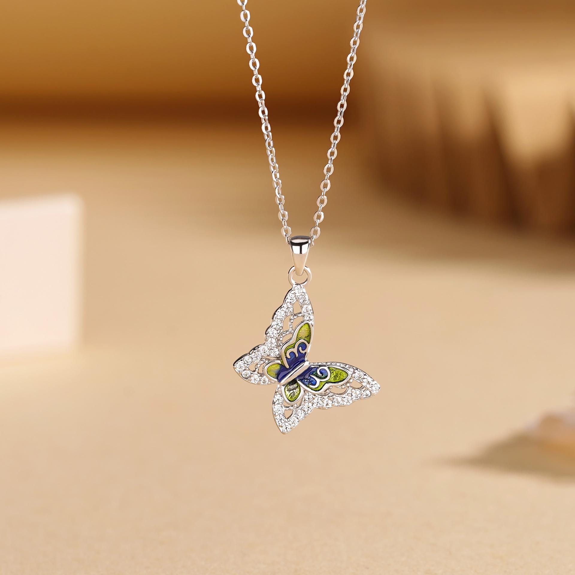 Tichiya S925 Sterling Silver Enamel Butterfly Clavicle Necklace for Women 925 Sterling Silver
