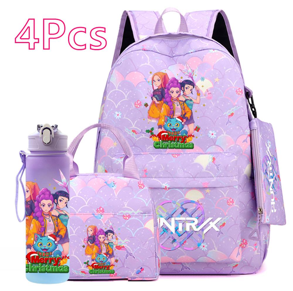 4Pcs/set Christmas KPOP Printed Backpack with Handbag Pencil Case 750Ml Water Bottler for Teenager Boy Girl Large Capacity Bookbag Schoolbag Kid Gift