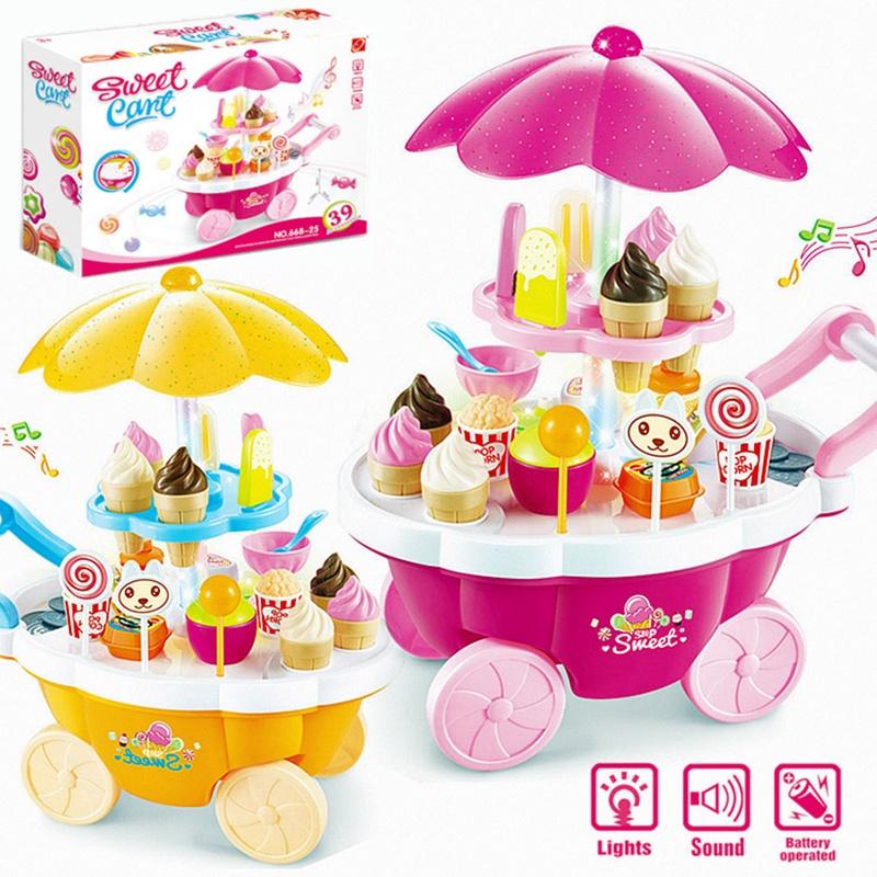 Premium 39pcs Kids Cake Food Ice Cream Cart Shop Toy Pretend Play Set With Music