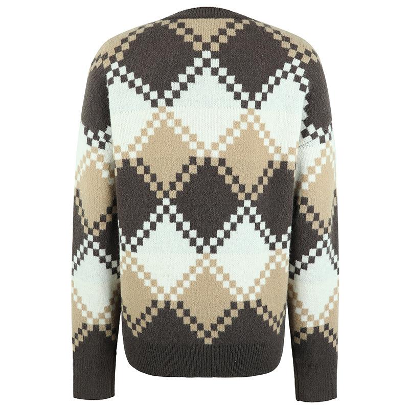 New Autumn and Winter European and American Diamond Knitted Sweater Contrast Color Round Neck Sweater Women's Top