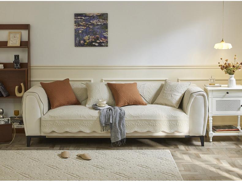 Vintage Embroidered All-Cotton Sofa Cushion with Non-Slip Lace, Four Seasons Universal Cover