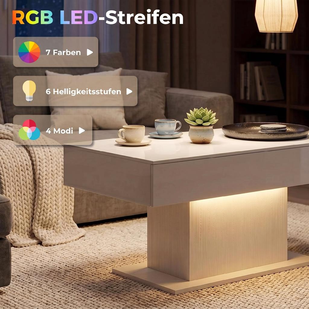 LED Coffee Table with Storage, High Gloss, Modern, 2 Drawers & Remote Control, White